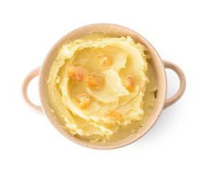 Cooking pot of tasty mashed potatoes with garlic on white background