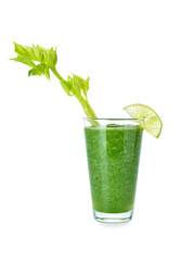 Glass of bloody Mary cocktail on white background