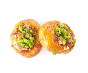 Baked potato with ham and cheese on white background