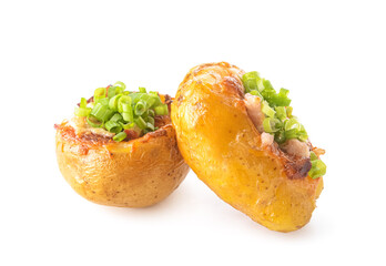 Baked potato with ham and cheese on white background