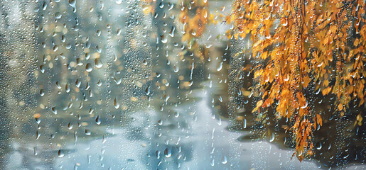 abstract background fall, glass drops autumn yellow leaves wet october weather