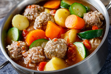 hot mexican meatball vegetable soup, top view