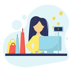 The female salesperson in the store, the salesperson at the counter, the girl at the checkout. Shopping bags. Flat style.