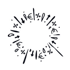 Euro money logo icon sign Fireworks symbol Hand drawn Economic sale design Arrow percent emblem Black friday concept style Fashion print clothes greeting invitation card cover flyer poster banner ad