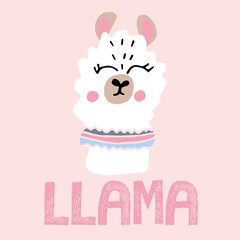 Children's hand-drawn illustration with a llama. Cute scandinavian style llama head. The illustration is suitable for postcards, prints, textiles.