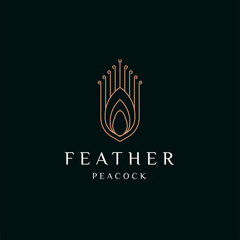 Peacock feather elegant gold logo icon design template flat vector illustration