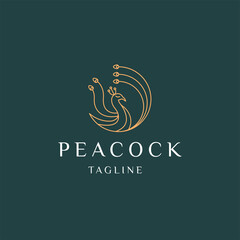 Peacock line art elegant gold color logo icon design template flat vector illustration
