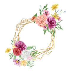 Beautiful floral frame with watercolor pink anemone, red rose. Greenery branches and leaves composition. Wild flower botanical illustration for greeting cards, wedding invitation,baby shower.