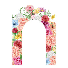 Obraz premium Beautiful floral frame with watercolor red rose, pink peony. Greenery branches and leaves composition. Wild flower botanical illustration for greeting cards, wedding invitation,baby shower.