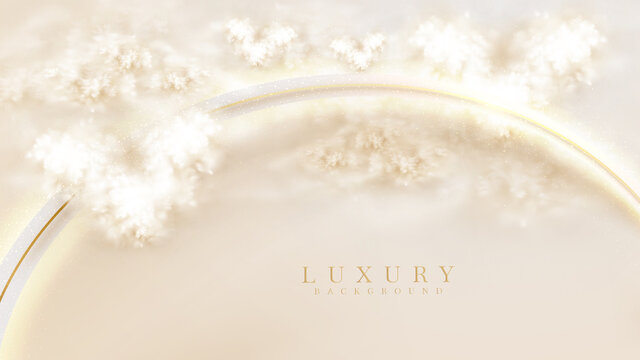 Golden light effect with heart-shaped clouds, 3d luxury style background, vector illustration scene.