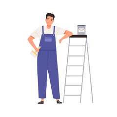 Wall painter standing with paint bucket and brush. Happy worker holding paintbrush and leaning on ladder. Portrait of repairman at stepladder. Flat vector illustration isolated on white background