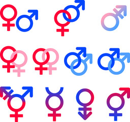 男女の性別記号マークセット、赤と青のベクターアイコン
