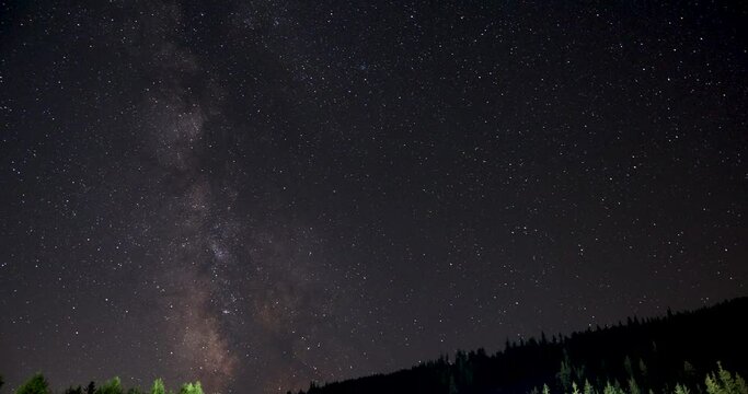 Milky Way With Magellanic Clouds In The Night Sky Over Forest Mountain. low angle, timelapse 