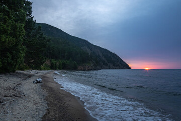 Dawn in the Sukhaya Bay on the shore of Lake Baikal
