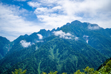 富山県中新川郡上市町の中山から立山の剱岳を望む登山をしている風景 A view of mountain climbing with a view of Tsurugidake in Tateyama from Nakayama in Kamiichi Town, Nakashinagawa County, Toyama Prefecture.