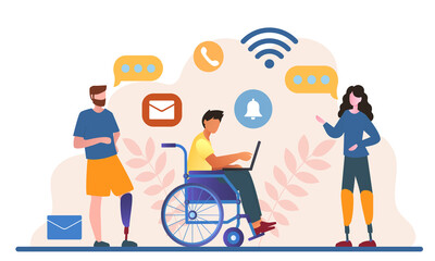 Male and female disabled people are working together in the office. Concept of world disability day, handicapped persons. People with disabilities at workplace. Flat cartoon vector illustration
