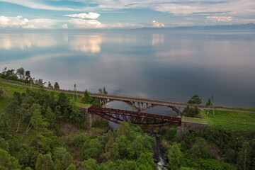 Aerial view of the old bridge on the Circum-Baikal Railway