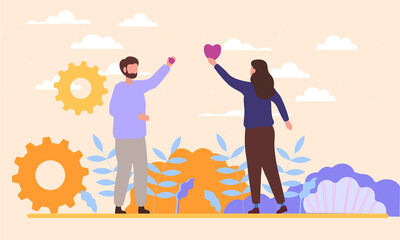 Male and female characters standing together with hearts in hands. Concept of empathy and emotional feeling support with understanding other people problem situations. Flat cartoon vector illustration - obrazy, fototapety, plakaty