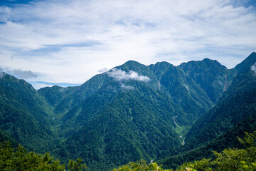 富山県中新川郡上市町の中山から立山の剱岳を望む登山をしている風景 A view of mountain climbing with a view of Tsurugidake in Tateyama from Nakayama in Kamiichi Town, Nakashinagawa County, Toyama Prefecture.