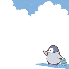 キャリーバッグを持つペンギンヒナと青空のフレーム