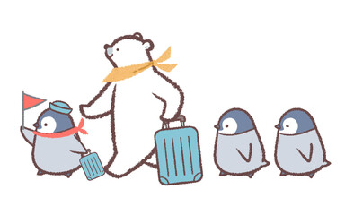 シロクマとツアーコンダクターのペンギンヒナとペンギンヒナ