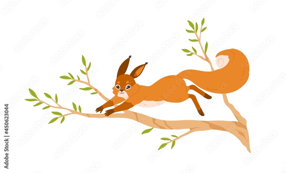 Poster cute small squirrel jumping on tree branch. happy forest rodent with bushy tail on sprig. adorable f