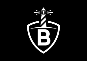 Initial B monogram alphabet in a shield with the lighthouse. Harbor logo. Font emblem. Modern vector lighthouse logo for business, organization, or website