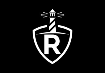 Initial R monogram alphabet in a shield with the lighthouse. Harbor logo. Font emblem. Modern vector lighthouse logo for business, organization, or website