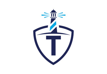 Initial T monogram alphabet in a shield with the lighthouse. Harbor logo. Font emblem. Modern vector lighthouse logo for business, organization, or website