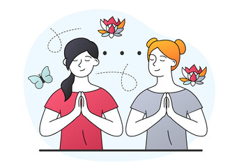 Two female characters on spiritual therapy for body and mind with harmony yoga practice. Concept of holistic healing self treatment with peaceful meditation. Flat cartoon vector illustration