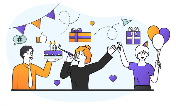 Young male and female characters are celebraing friends birthday together. Group of young people holding baloons and birthday cake for friend in decorated room. Flat linear cartoon vector illustration