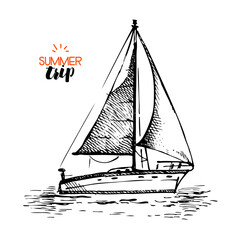 Hand drawn vintage travel vacation banner. Sketch retro summer trip vector illustration