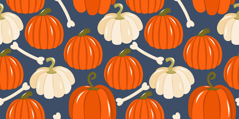 Seamless pattern with pumpkins for Halloween. Pumpkins and squash with bones on a dark background. Vector illustration