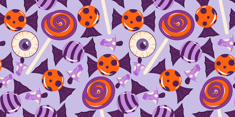 Seamless pattern with candy, eyeball and lollipops for Halloween. Purple-orange sweets, a round lollipop on a stick. Vector illustration