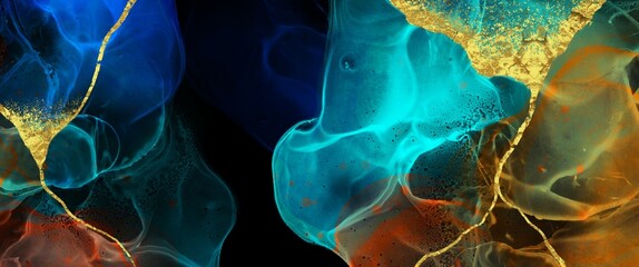 Obraz premium Abstract alcohol ink background, original texture, golden pieces, hand drawn painted art, wallpaper for print, organic shapes, smoke, neon, lights, space theme