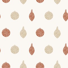 Hand drawn Christmas ball seamless pattern. Repetitive New Year baubles print.