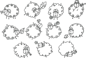 Vector illustration black and white cartoon sheep action series