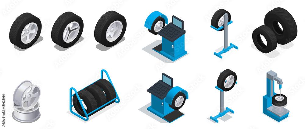 Wall mural Tire Production Service Colored And Isometric Icon Set