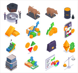 Stock Exchange Financial Market Trading Isometric Icon Set