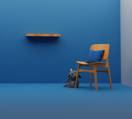 Children's bright blue play room with chair and teddy bear