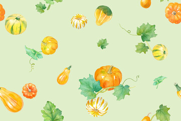 秋のかわいいカボチャのシームレスパターン。ハロウィン、収穫祭のイメージ。水彩イラスト。