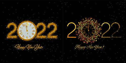 An abstract vector illustration of 2022 New Year gold clock designs on a black background
