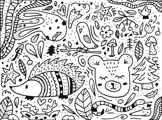 Fototapeta premium Doodle style hand drawn. Nature, animals and elements. Vector illustration. Forest dwellers. Black and white illustration.