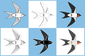 Set of cartoon SWALLOW in 6 styles