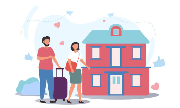 Couple with luggage is walking hand in hand to their house. Young romantic couple is moving into new house to live together. Big house for new family. Flat cartoon vector illustration