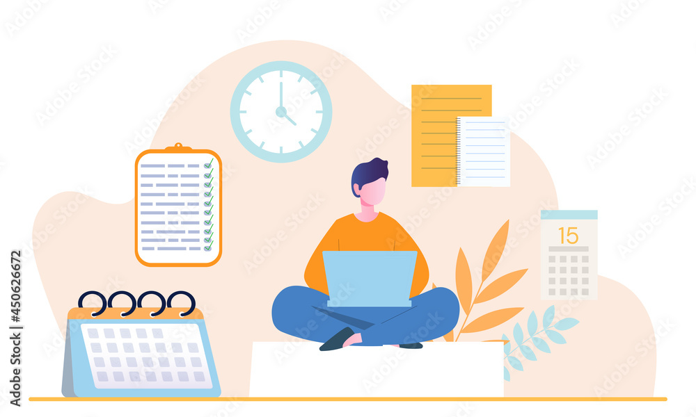Poster young male character is planning his day in laptop applications. concept of scheduling appointments 