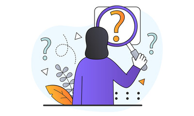 Female character holding magnifying glass and looking through at question marks. Concept of frequently asked questions, query, investigation, search for information. Flat cartoon vector illustration