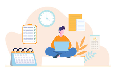 Young male character is planning his day in laptop applications. Concept of scheduling appointments on mobile device in calendar application. Man adding reminders. Flat cartoon vector illustration