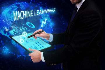 Business, Technology, Internet and network concept. Young businessman working on a virtual screen of the future and sees the inscription: