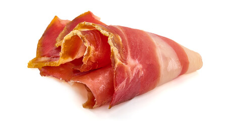 Traditional Spanish Jamon Serrano ham, Prosciutto Crudo, Parma ham, isolated on white background.